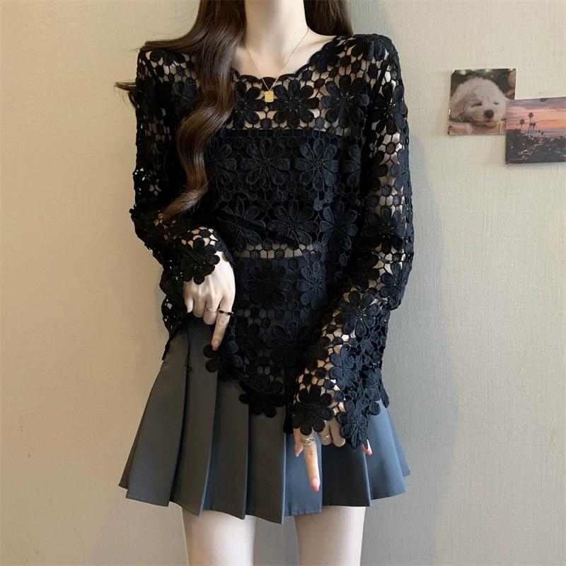 DIMANAF 2025 New Summer Women Hollow Out Holiday T-Shirt Basic Lace Fashion Tops Lace Tees Casual Loose Tees