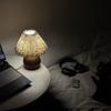 LED Bedside Table Lamp Cute Small Pleated Lamps for Nightstand Circular Walnut Ambient Light USB Bedroom Decoration Night Light