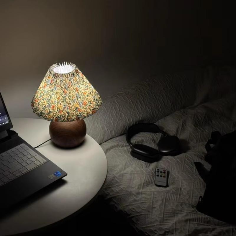 LED Bedside Table Lamp Cute Small Pleated Lamps for Nightstand Circular Walnut Ambient Light USB Bedroom Decoration Night Light