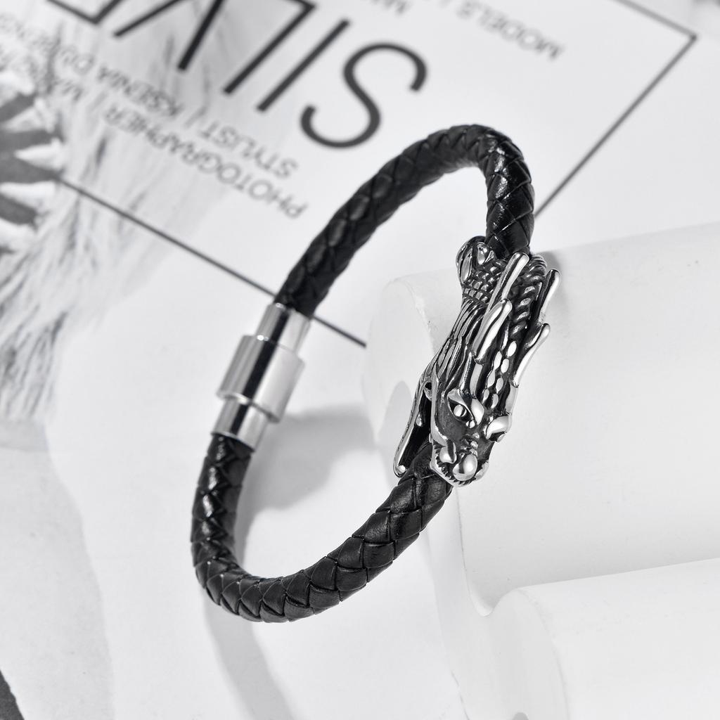 Personalized Zodiac Dragon Bite Tail Bracelet Leather Rope Woven Men's Stainless Steel Faucet Leather Bracelet