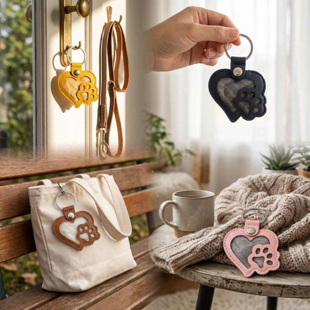 Portable Pet Hair Storage Bag PU Leather Memorial Key Chain Dogs Paw Pendant Funeral Supplies