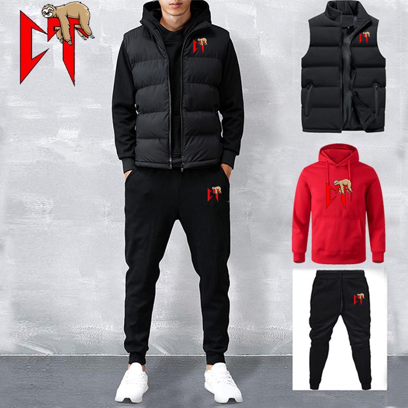 Men's Tracksuit  Vest+Hoodies+Sweatpants Suit Casual Jogger Sportswear 3 Piece Male Fleece Streetwear Sets