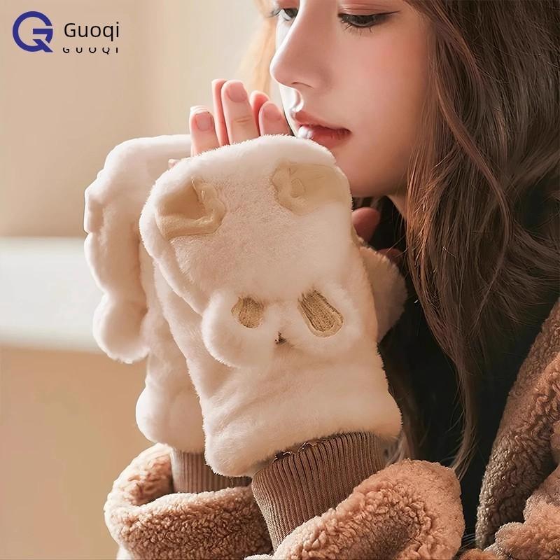 Cute Rabbit Ear Plush Gloves for Girls, Winter Warm Korean Style Student Gloves with Fleece Lining and Thickened Half-Finger Flip Cover