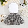 2PCS Baby Girl Sleeveless Shirt & Plaid Pleated Skirt Set, Preppy Style Casual Outf