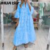 IHUASU 8 Colors S-5XL Women's Fashion Summer Spring Solid Color Print 3/4 Sleeve V-Neck Casual Dresses