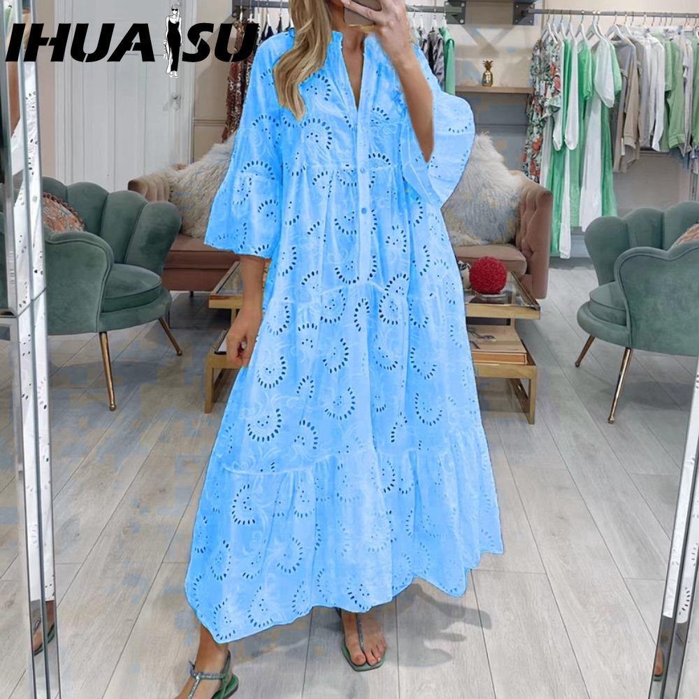 IHUASU 8 Colors S-5XL Women's Fashion Summer Spring Solid Color Print 3/4 Sleeve V-Neck Casual Dresses