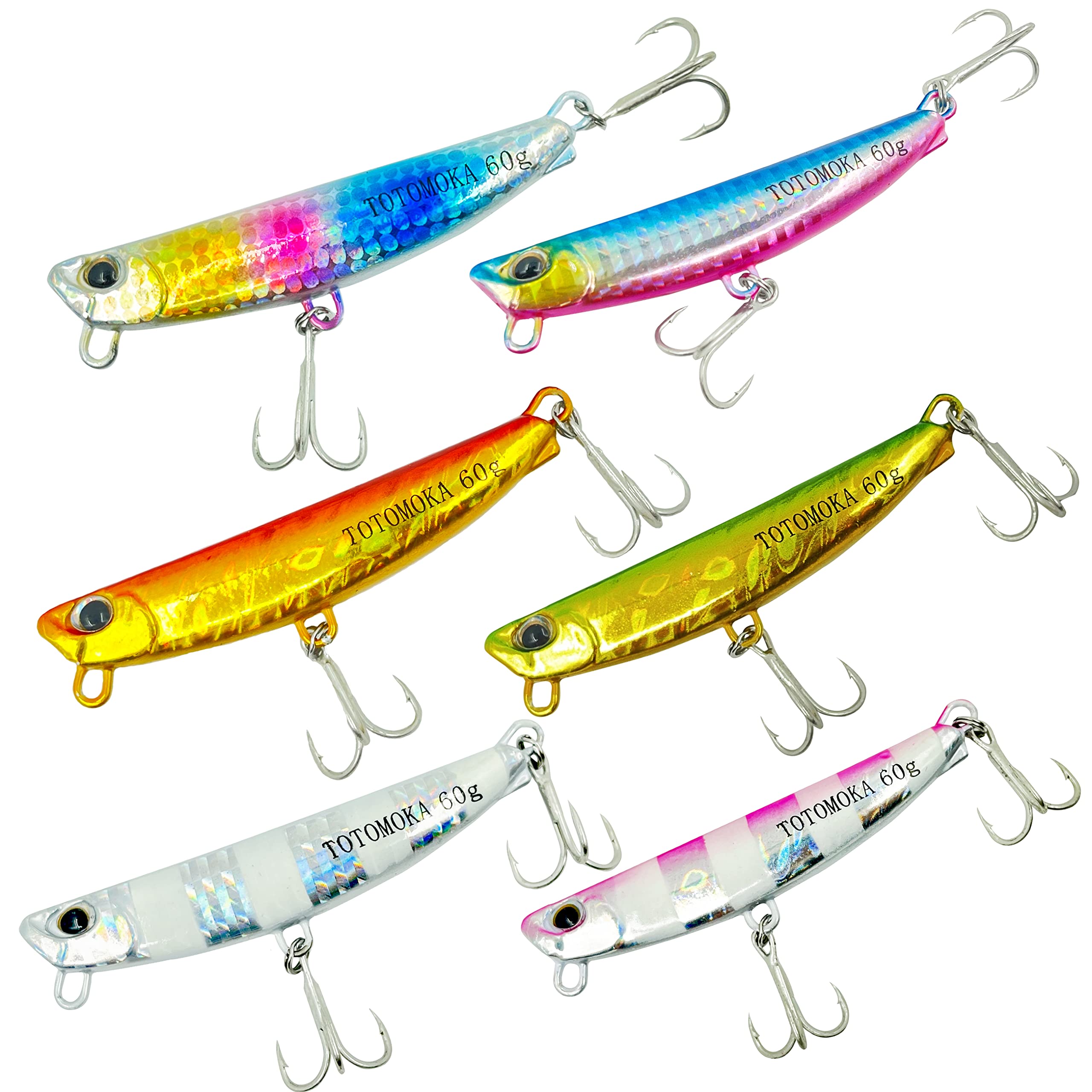 

TOTOMOKA Metal Jigs for Sea Bass and Flounder, Set of 6, 10g, 15g, 20g, 25g, 30g, 40g, and 60g with Hooks, for Bass Fishing (40g, All Star)