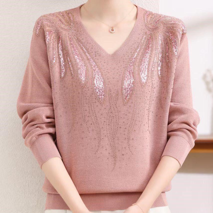 

Весенне-осенний женский свитер с V-образным вырезом, свободный пуловер со стразами, вязаный топ, однотонный свитер большого размера 4XL розовый
