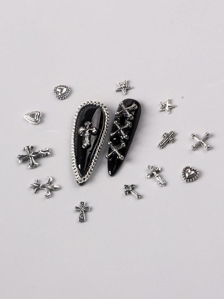 12 Grids Mixed 3D Punk Silver Heart Cross Metal Manicure Nail Decoration Retro Different Design Cross Nails Art Charms