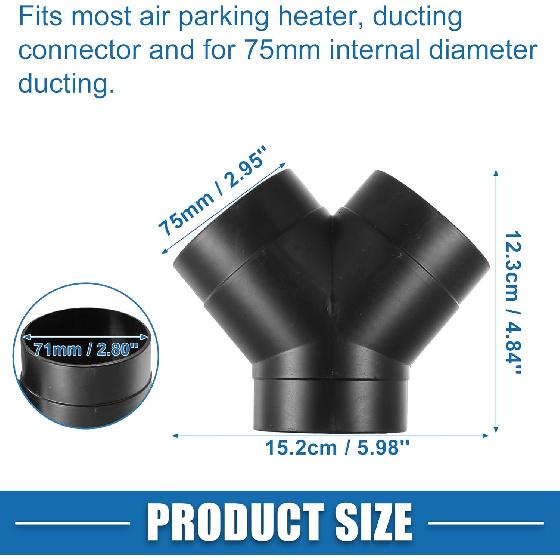 Y Piece Duct Air Ducting Connector Straight Air Heater Duct Joiner Connector Pipe 2.95'' 75mm OD Black (Set of 2)