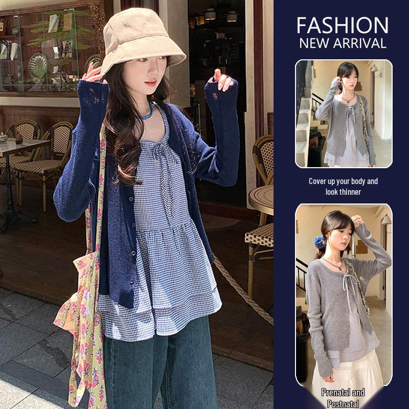 2026 Spring Knit Cardigan & Plaid Bowknot Vest Maternity Layering Set - Korean Style Double Extra Large