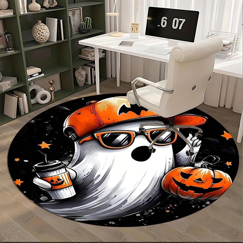1pc Halloween Ghost with Pumpkin Coffee Cup Round Carpet, Office Chair Mat, Non Slip Rug for Home Decor, Gift, Office, Living Room, Bedroom