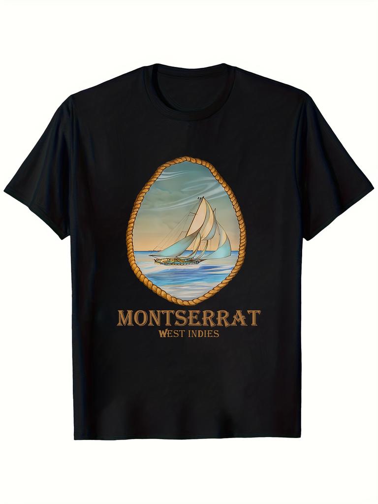1pc Men' Montserrat West Indies Vintage Sailing Ship T-Shirt - Caribbean Nautical Print Round Neck S
