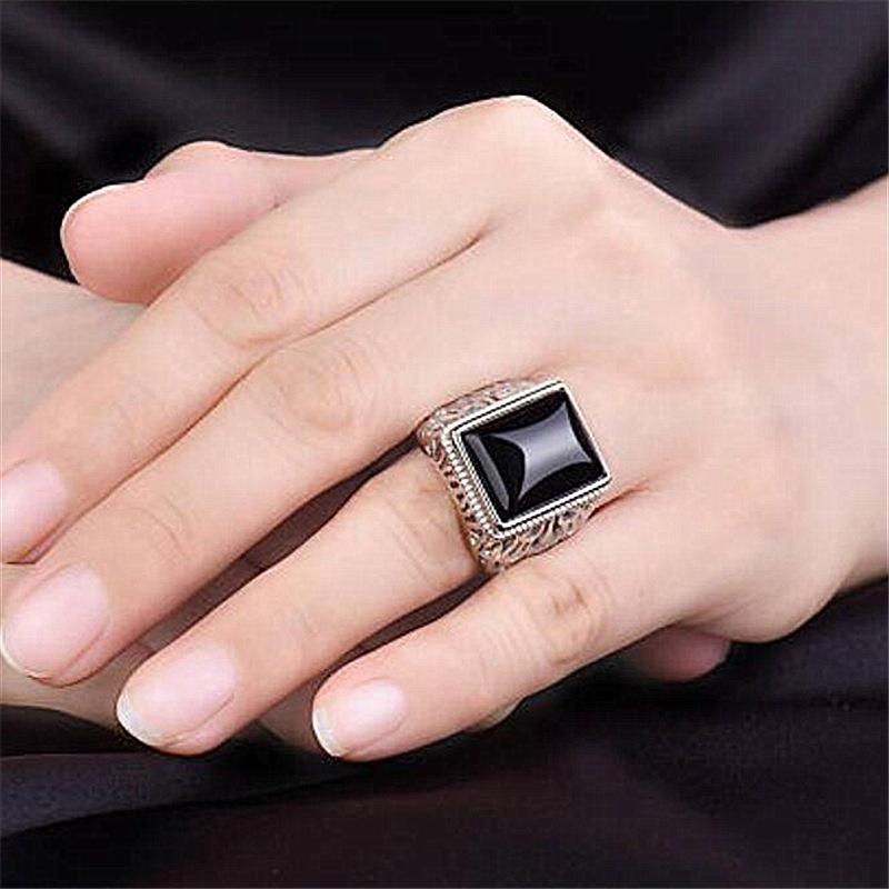 Baum des Lebens Hohl Quadrat Schwarz Zirkon Achat Herren Ring Offen Retro Obsidian Chalcedon Herren Ring Ring
