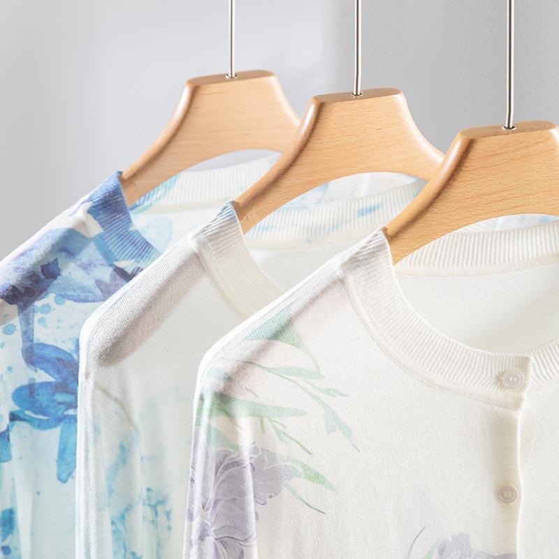 Acetic Acid + Wool Painted Printing Knitted Crew Neck Cardigan Women's Summer New Sunscreen Top Thin