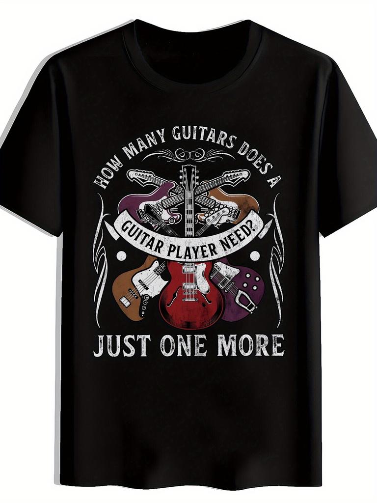 Black T-shirt with "How Many Guitars Does a Guitar Player Need? Just One More" Graphic - Vintage Rock Band Design