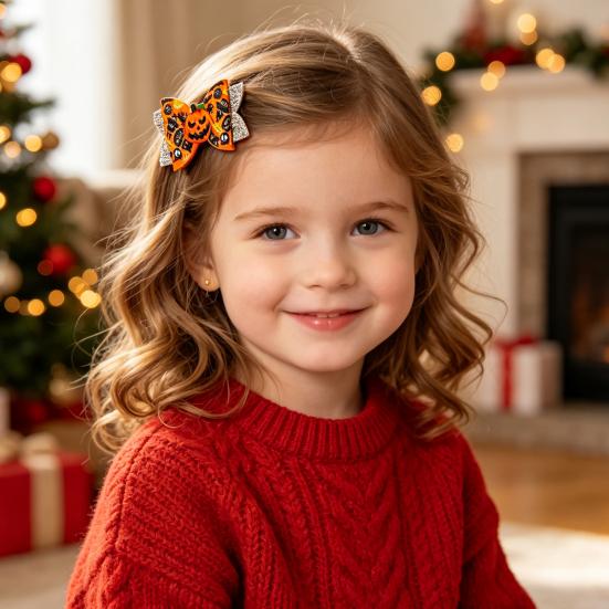 Festive Hair Styling Tools Halloween Glitter Bow Clips for Kids Baby Girls, Double Layer Shiny Party Barrettes Ghost/Pumpkin/Eyeball Bowtie