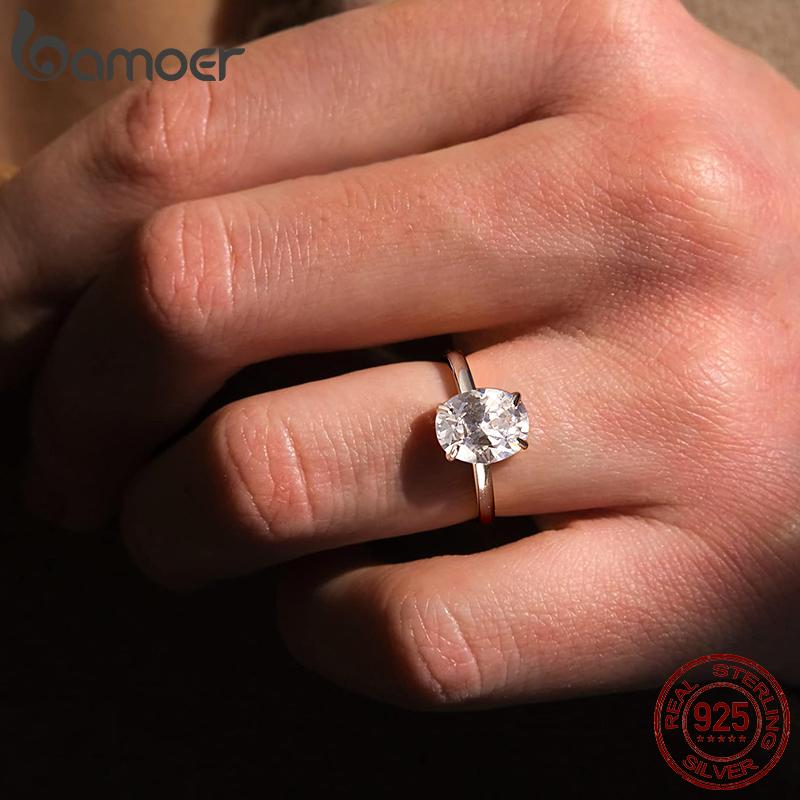 BAMOER 3.5CT CZ Oval Cut Ring 925 Silver 4 Prongs Halo Engagement Band Ring for Women Wedding Promise Jewelry Gift