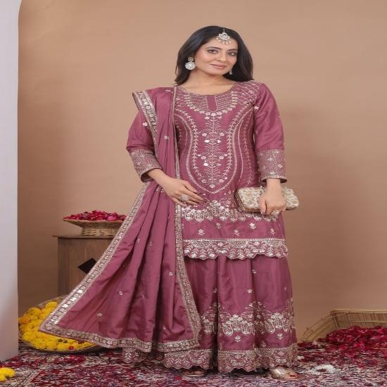 Mauve Silk Blend Embroidered Sharara Suit Set with Dupatta