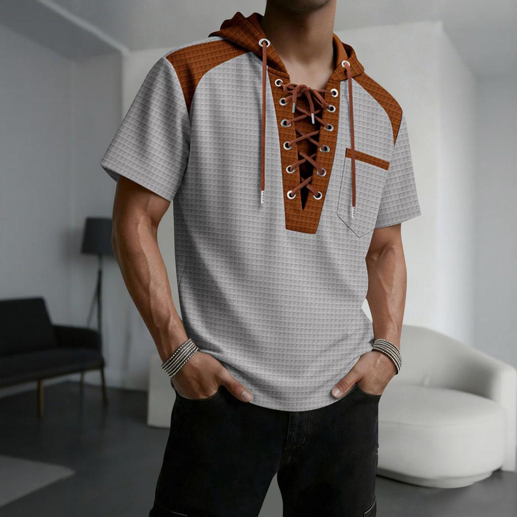 Men's Color Blocked Hooded Top With Pockets Casual And Comfortable Short Sleeved Shirt
