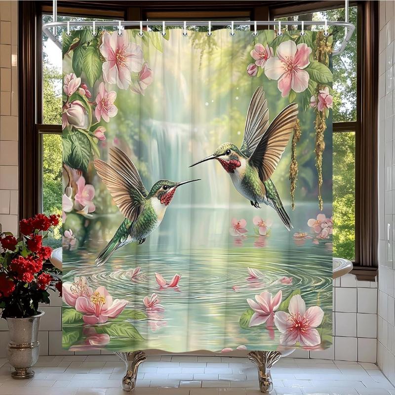 Hummingbird Floral Shower Curtain Spring Pink Floral Green Leaves Waterfall Lake Misty Forest Spring Wildflowers Rustic Plant W60H190(CM)-1 Pcs