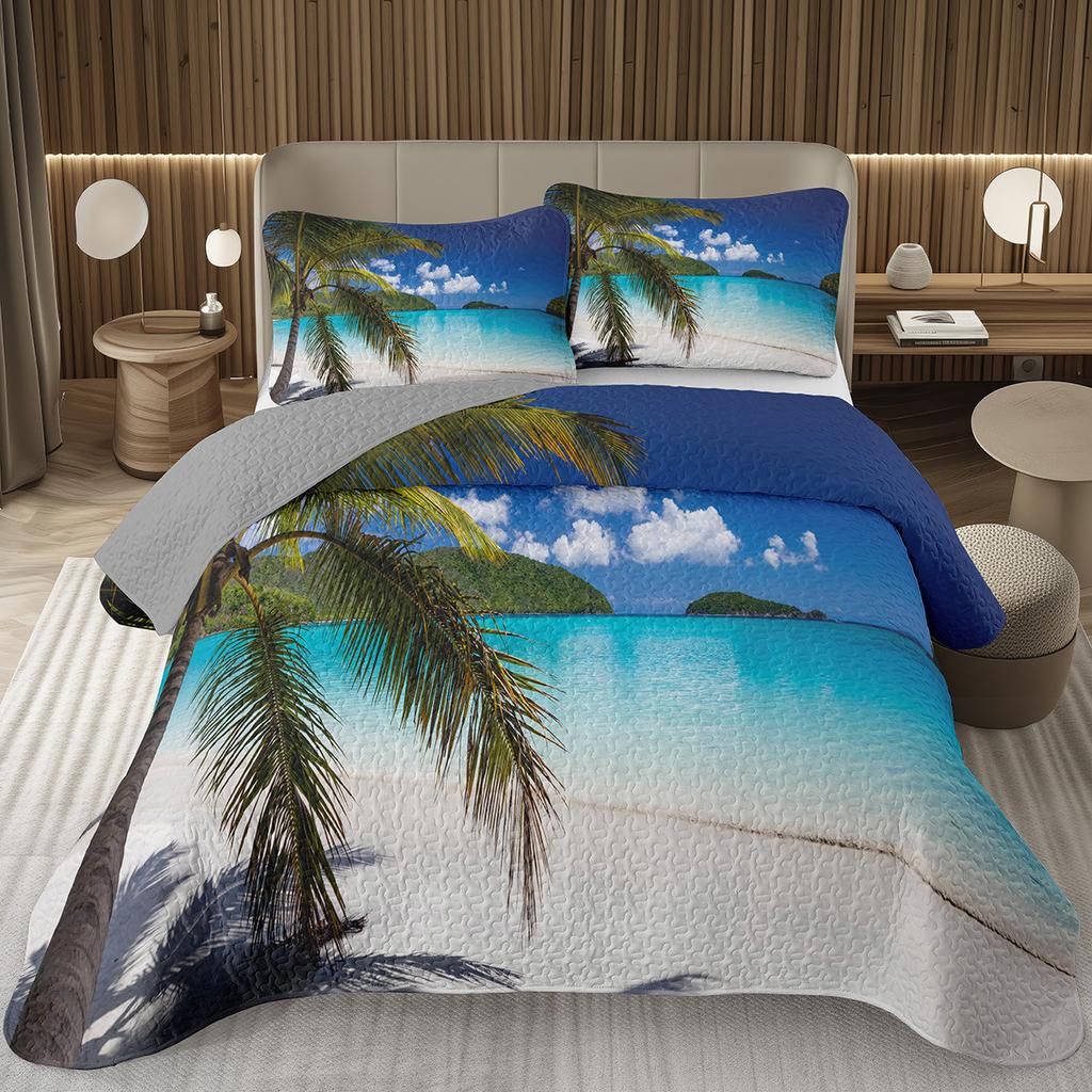 Beach Bedspread Tropical Palm Tree Coverlet SetSea Ocean Quilt Set Twin King Size Seaside Landscape Coastal Theme Bedding Sets
