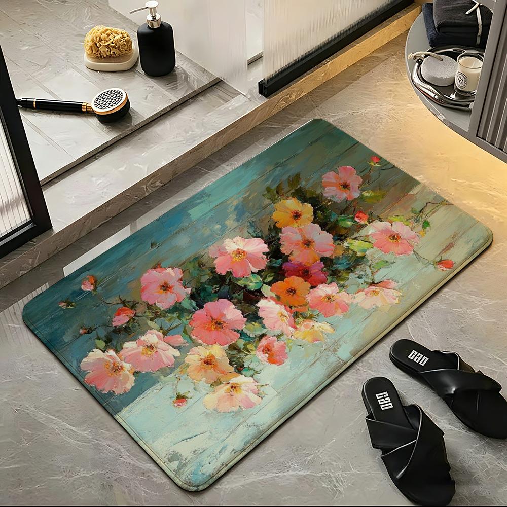 Art Gentle Oil Painting Flowers Floor Mat Soft Flannel Floor Mat  Suitable for Entryways, Living Rooms, Bedrooms, and Bathrooms