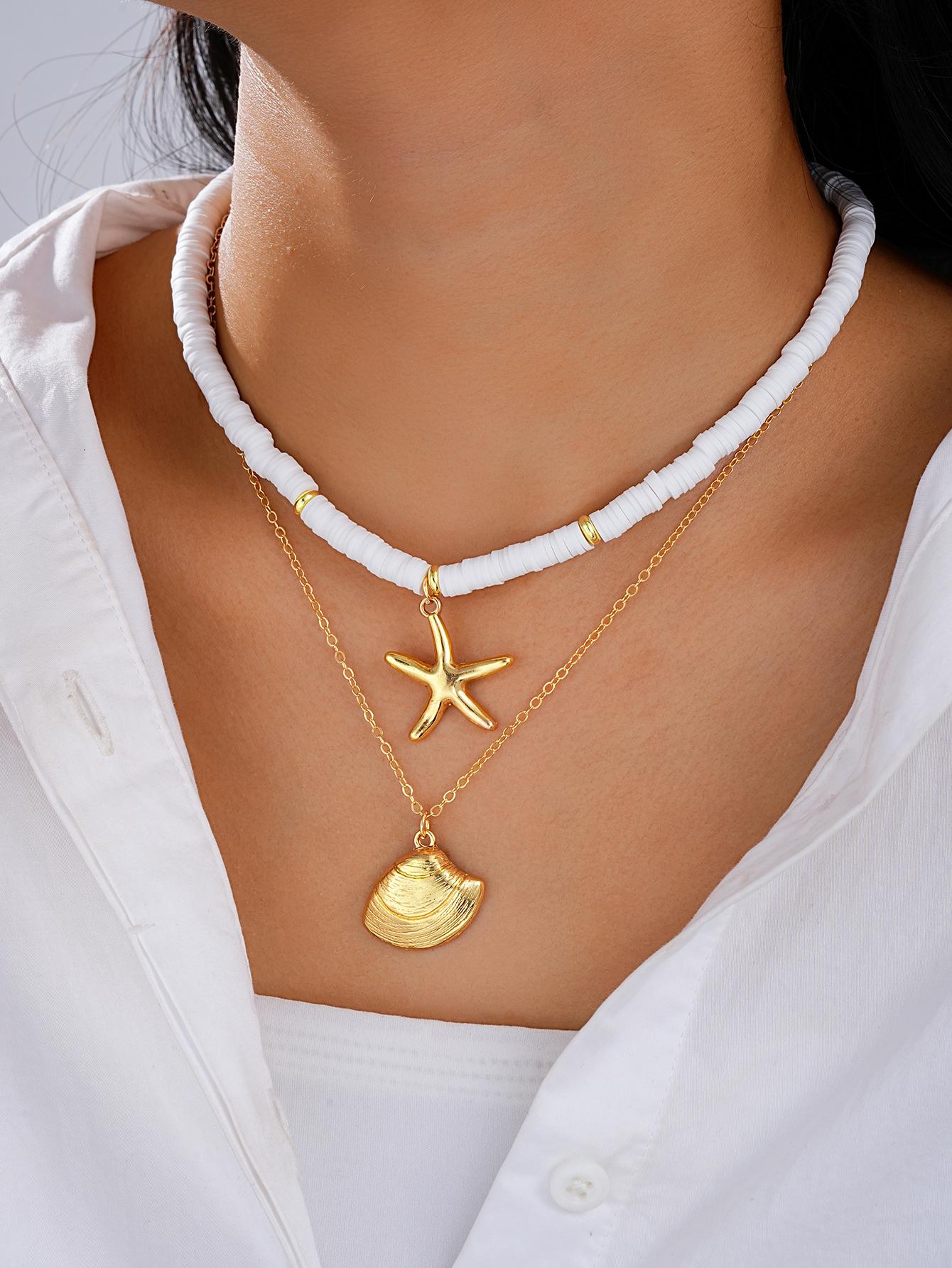 

Комплект из 2 предметов модного мягкого керамического ожерелья в виде ракушки-звезды в стиле боснийского пляжного отдыха, сложенная цепочка на ключицу