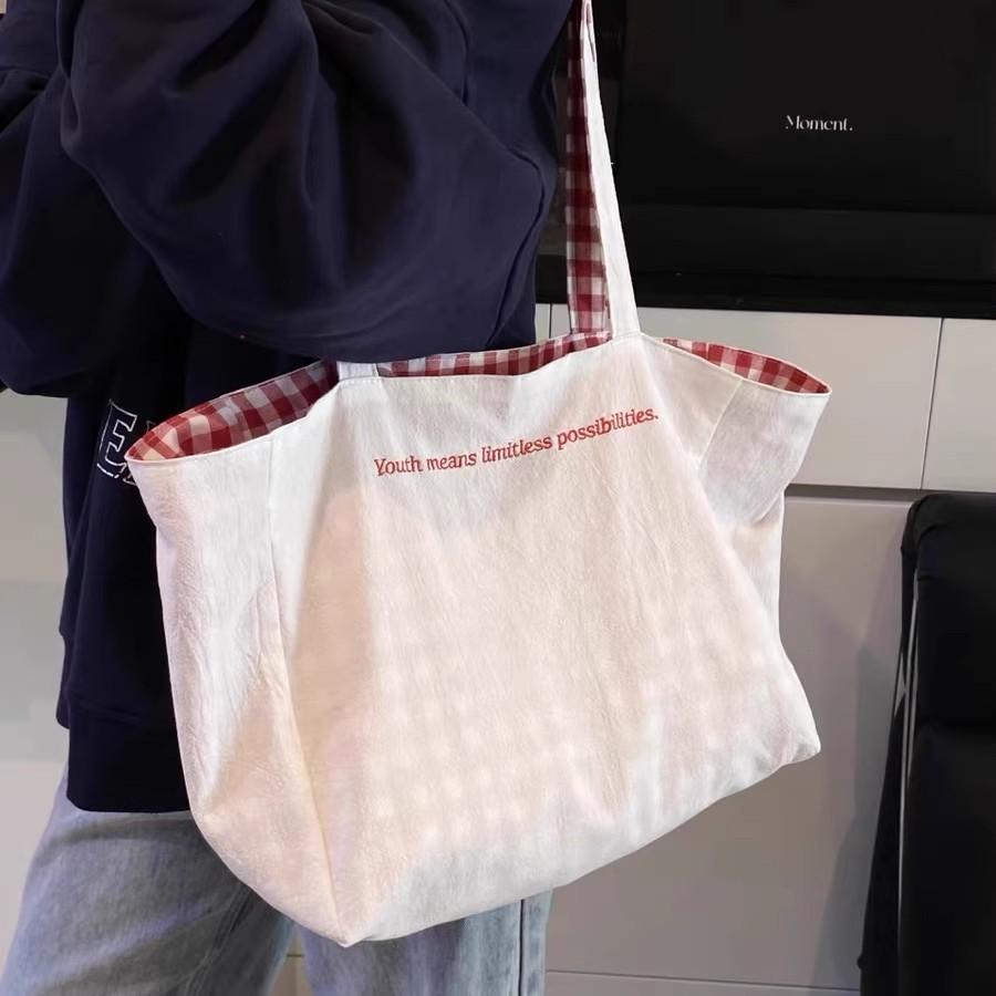 Canvas Bag Literary Niche New Hot Sale Bag Large Capacity Double-sided Lazy Wind Casual Shoulder Bag