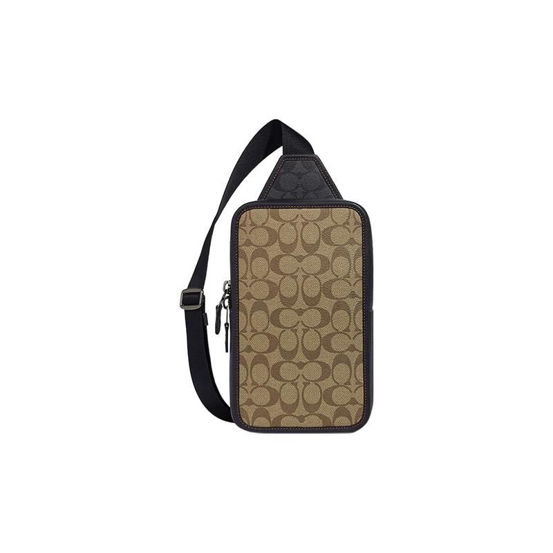 COACH Sullivan 16 classic old flower printed zipper closure coated canvas and pebbled leather shoulder crossbody bag small men s khaki коричневый