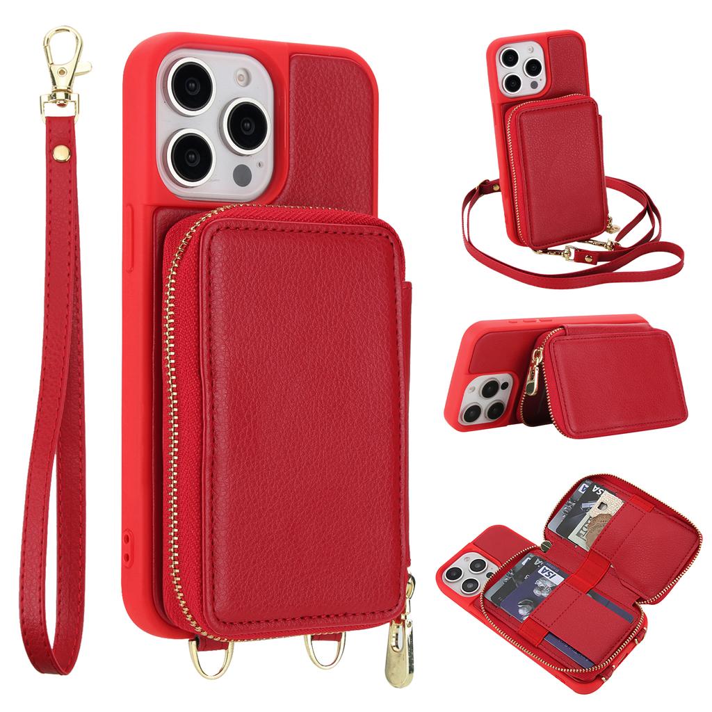 For iPhone 15 Pro Case RFID Blocking Zipper Wallet Leather + TPU Phone Cover with Shoulder Strap