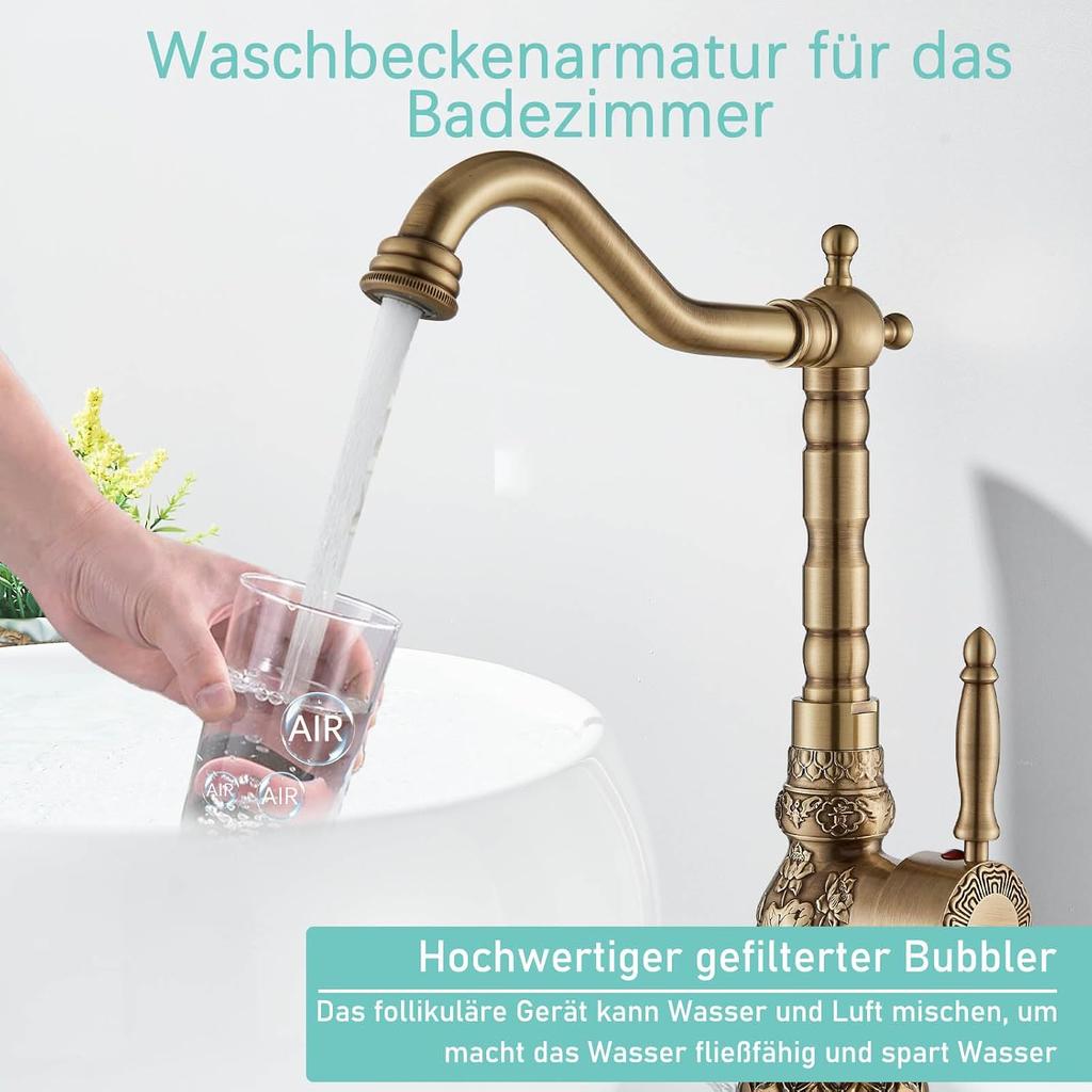 Antique Brass High Tap Bathroom Basin Single Lever Sink Mixer Tap 360° Rotating Spout
