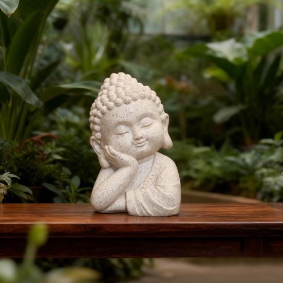 Mini Buddha Figurine Handcrafted Sandstone Resin Zen Statue Decorative Meditation Sculpture Feng Shui Ornament for Home Office Desk Car Dashboard