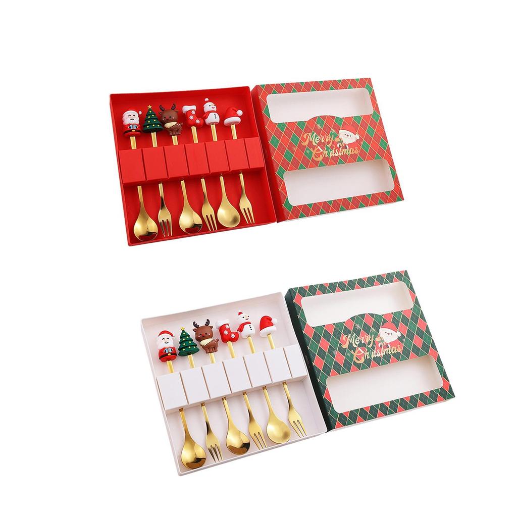 6Pcs Christmas Coffee Spoons Forks Set Cutlery for Stirring Sugar Home