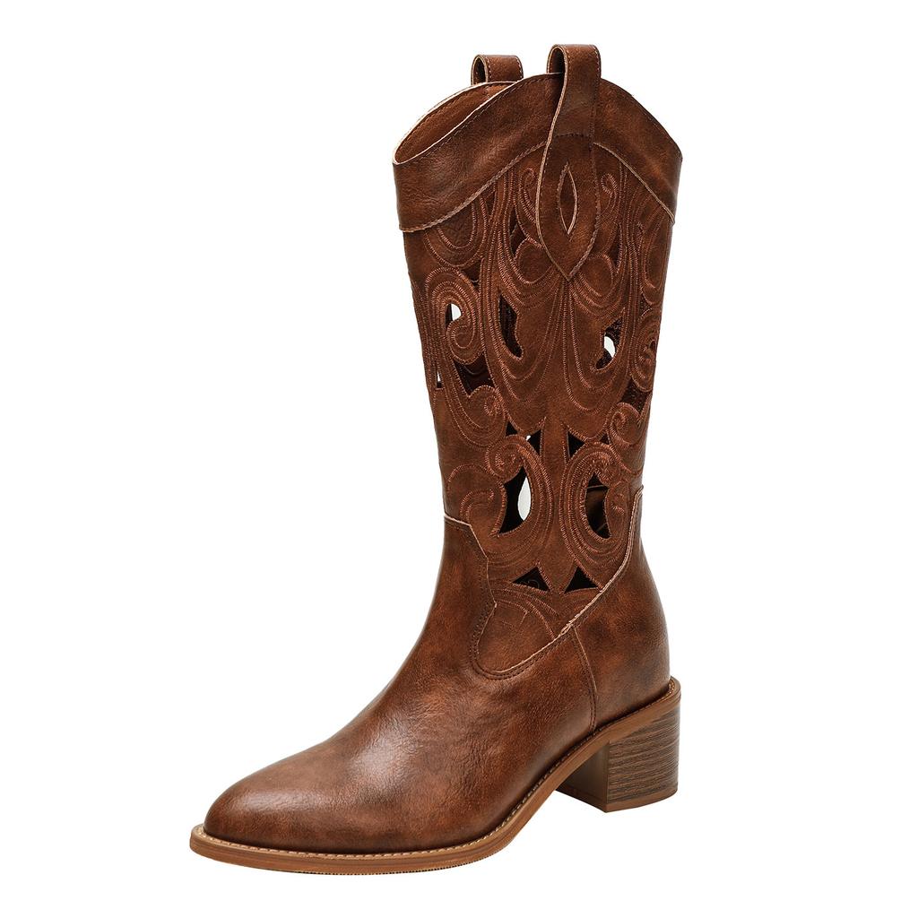 Hollow Hole High Top Boots for Women, Summer New Breathable Knight Cool Boots, Pointed, Thick Heel, Slim Chelsea Mesh