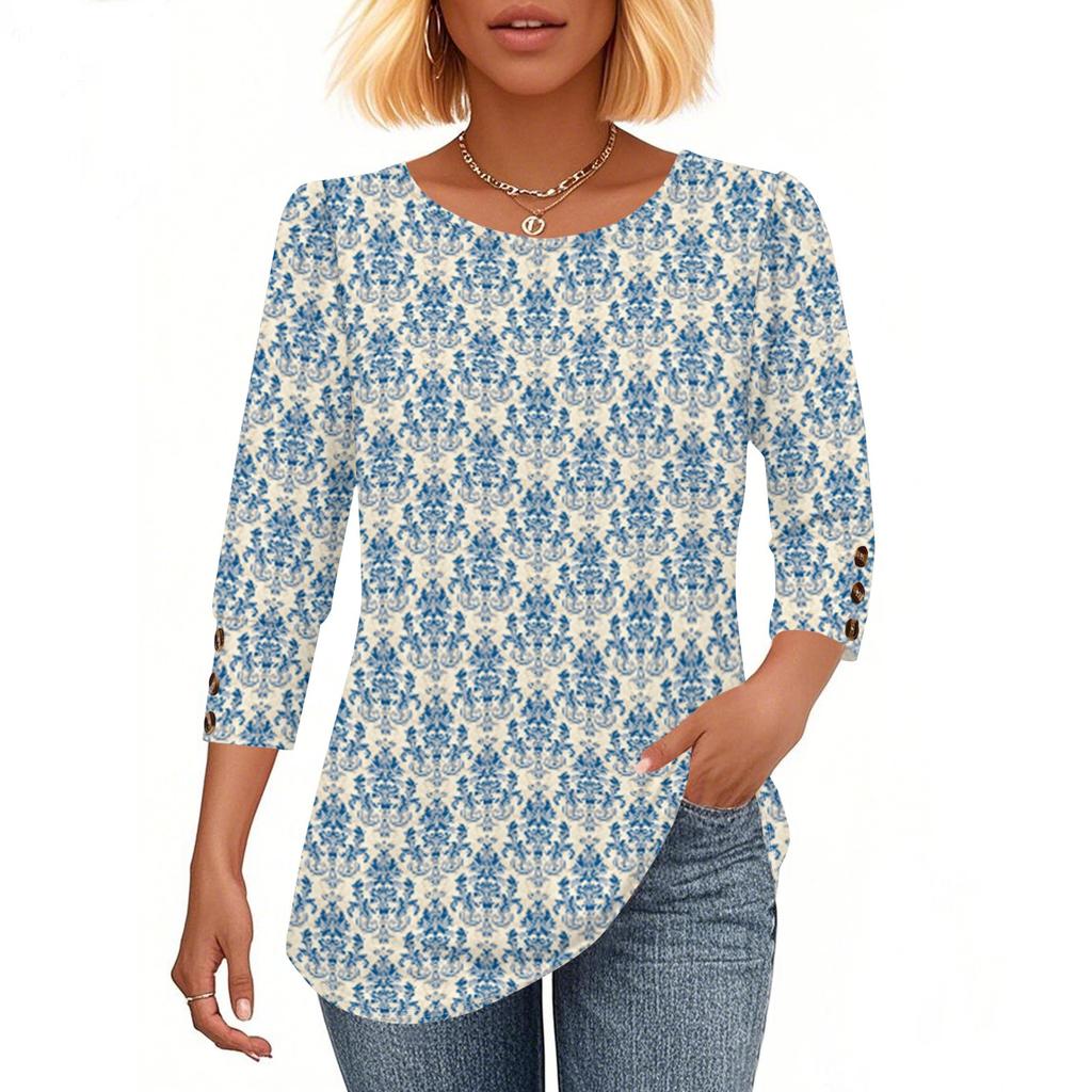 Womens Tops 3/4 Sleeve With Buttons Casual Blouses Summer Outfits Beach Vacation Clothes