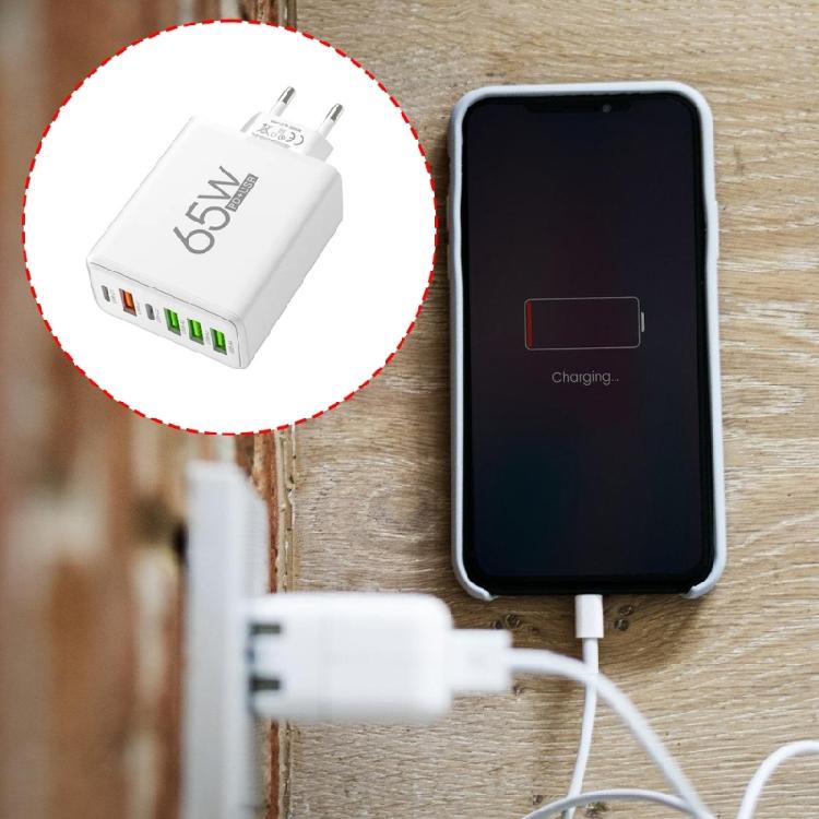 Double PD & 4 USB A Ports EU Plug Travel Plug Adapter 65W USB Wall Charger Rapid Charging Block for Phone Tablet
