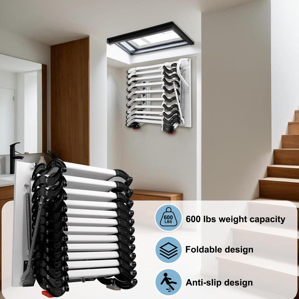 Wall-Mounted 12 Steps 2 Safe Handrail Folding Attic Ladder Durable Black White Anti-Slip for Attics/Garages/Roofs for Home Indoo