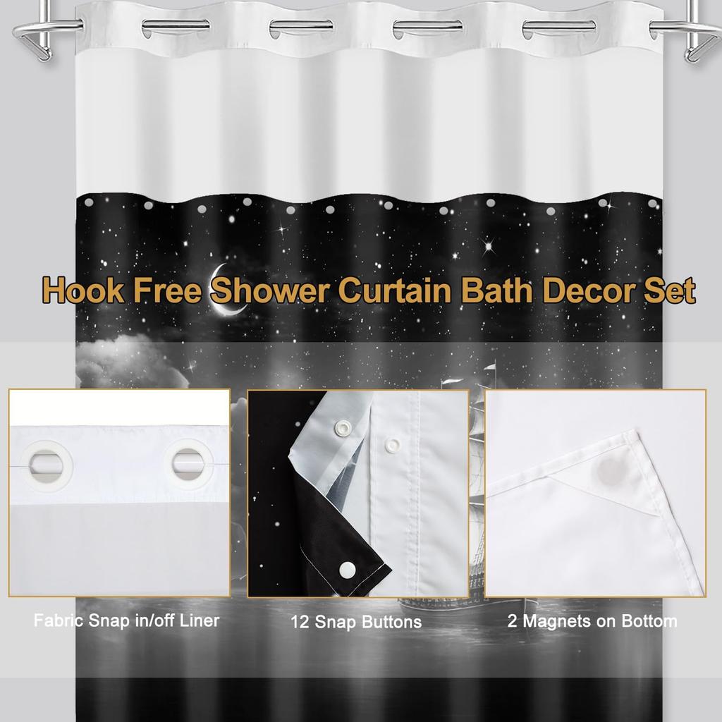 Nautical Ship Shower Curtain Black White Pirate Boat Starry Night Ocean Theme Decor Waterproof Fabric Marine Design Home