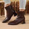 Winter New Women'S French Retro Ankle Boots, Plush Lined Pointed Toe Chunky Heel Booties, Leather Zipper Boots Slimming