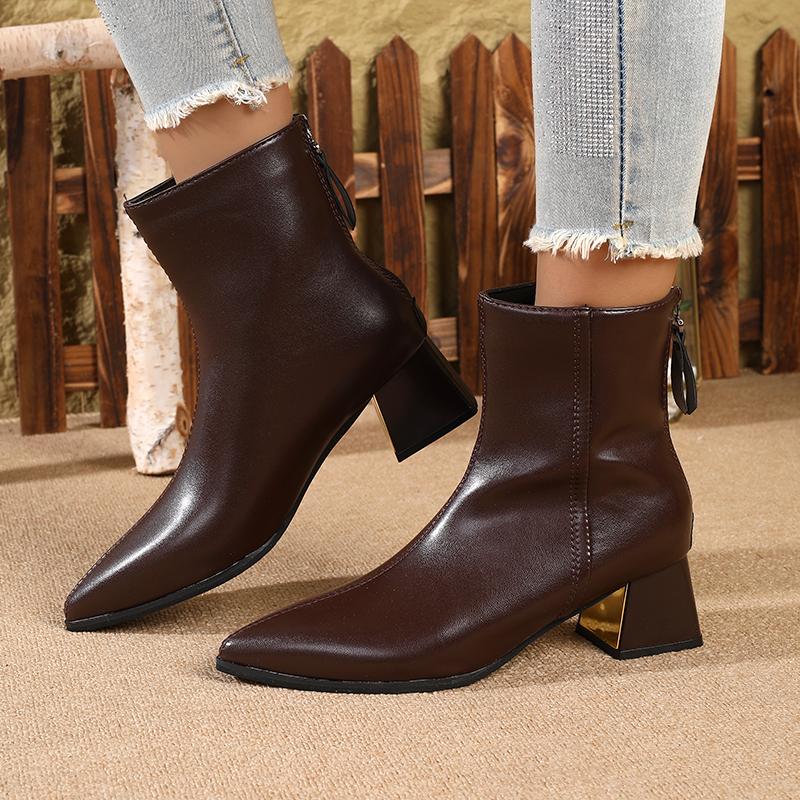 Winter New Women'S French Retro Ankle Boots, Plush Lined Pointed Toe Chunky Heel Booties, Leather Zipper Boots Slimming
