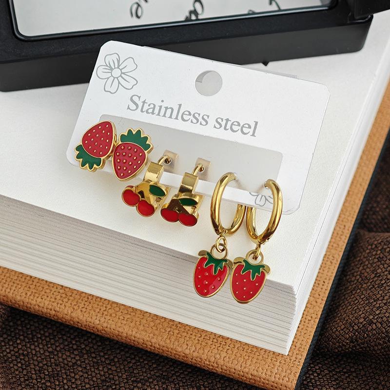 Strawberry Cherry Titanium Steel Earrings - Women's Sweet Versatile Jewelry
