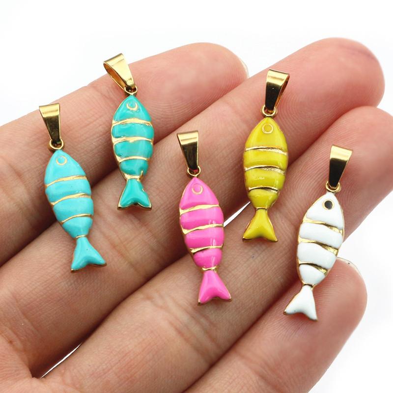 2pcs 28x7mm Stainless Steel Enamel Fish Charms Pendant with Pinch Clasp DIY Necklace Jewelry Making Accessories Findings