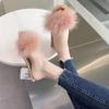 New Summer Fluffy Peep Toe Sexy High Heels Women Shoes Fur Feather Lady Fashion Wedding Slip-On Pink Square  Sandals