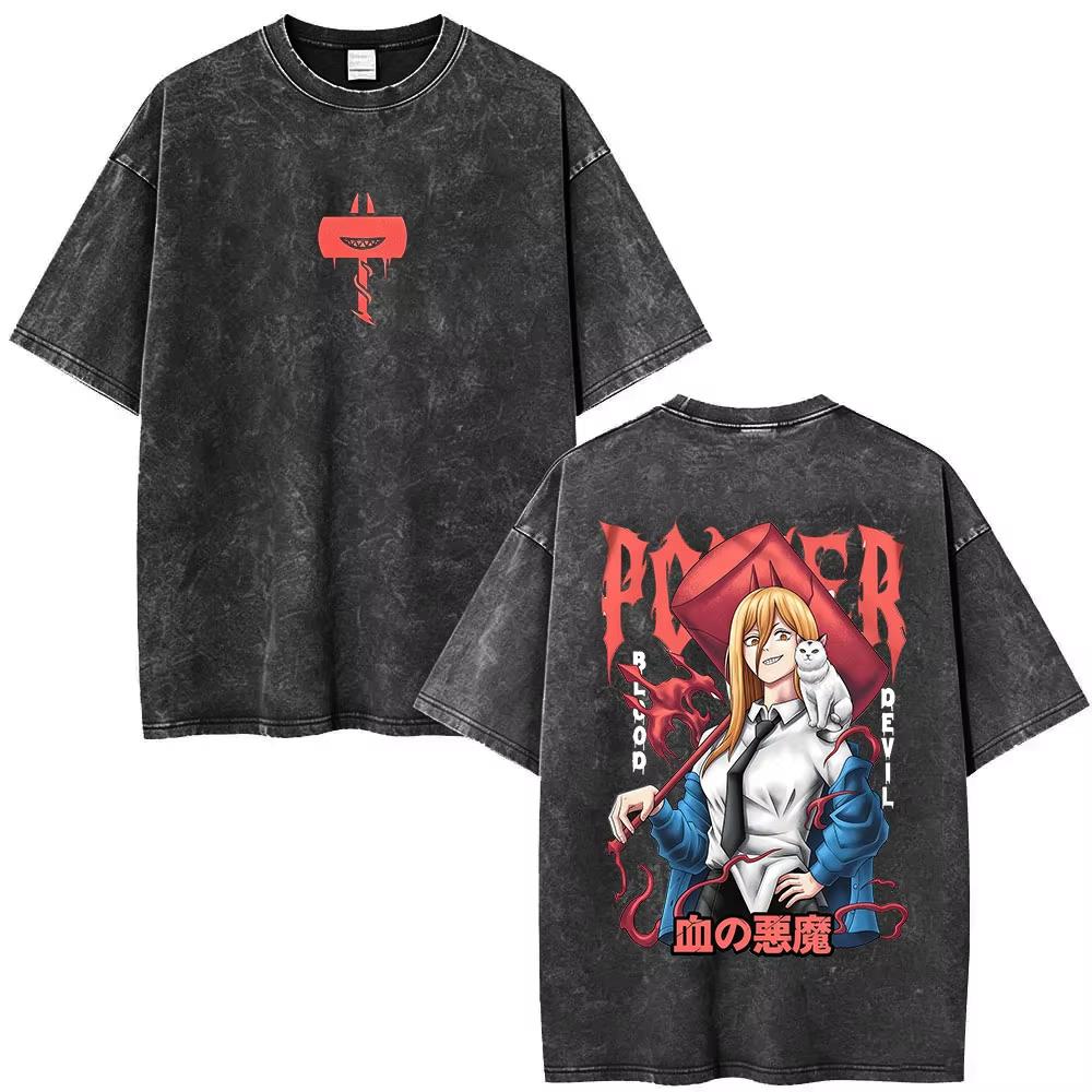 2026 Summer Hot Sale Anime Chainsaw Man Vintage Washed T-shirt Men Women Hip Hop Punk Streetwear Oversized T-shirt