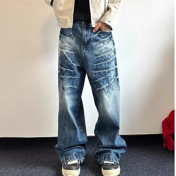 

JYL Men s Straight Jeans American Lightning Crack Washed Loose Trendy Vintage Denim Pants L безодня