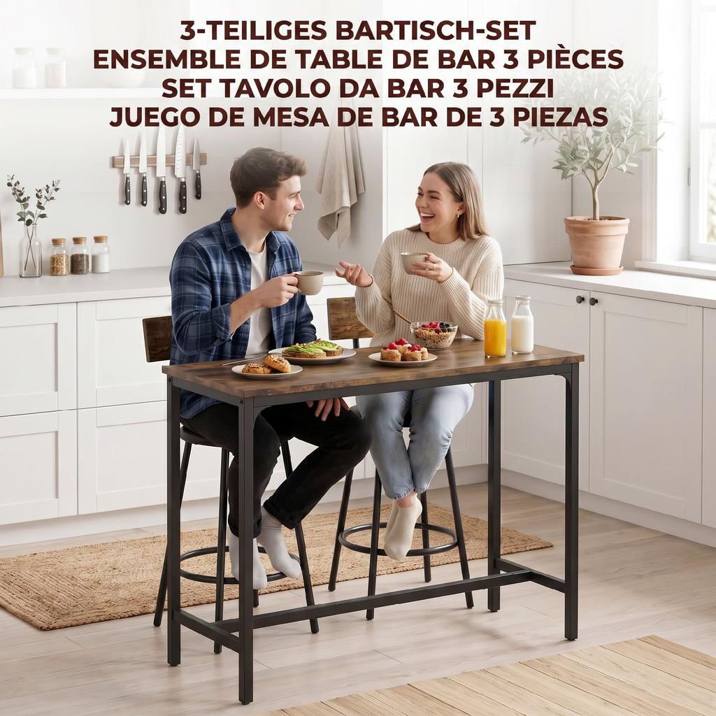 Bar Table Set with 2 Stools, High Kitchen Table, 2 PU-Padded Bar Stools, Footrest, Brown