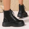 Women's Pu Leather Platform Ankle Boots Plus Size 35-42 Lace Up Motorcycle Boots Women Comfort Wide Leg Black Short Booties