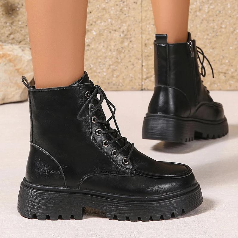 Women's Pu Leather Platform Ankle Boots Plus Size 35-42 Lace Up Motorcycle Boots Women Comfort Wide Leg Black Short Booties