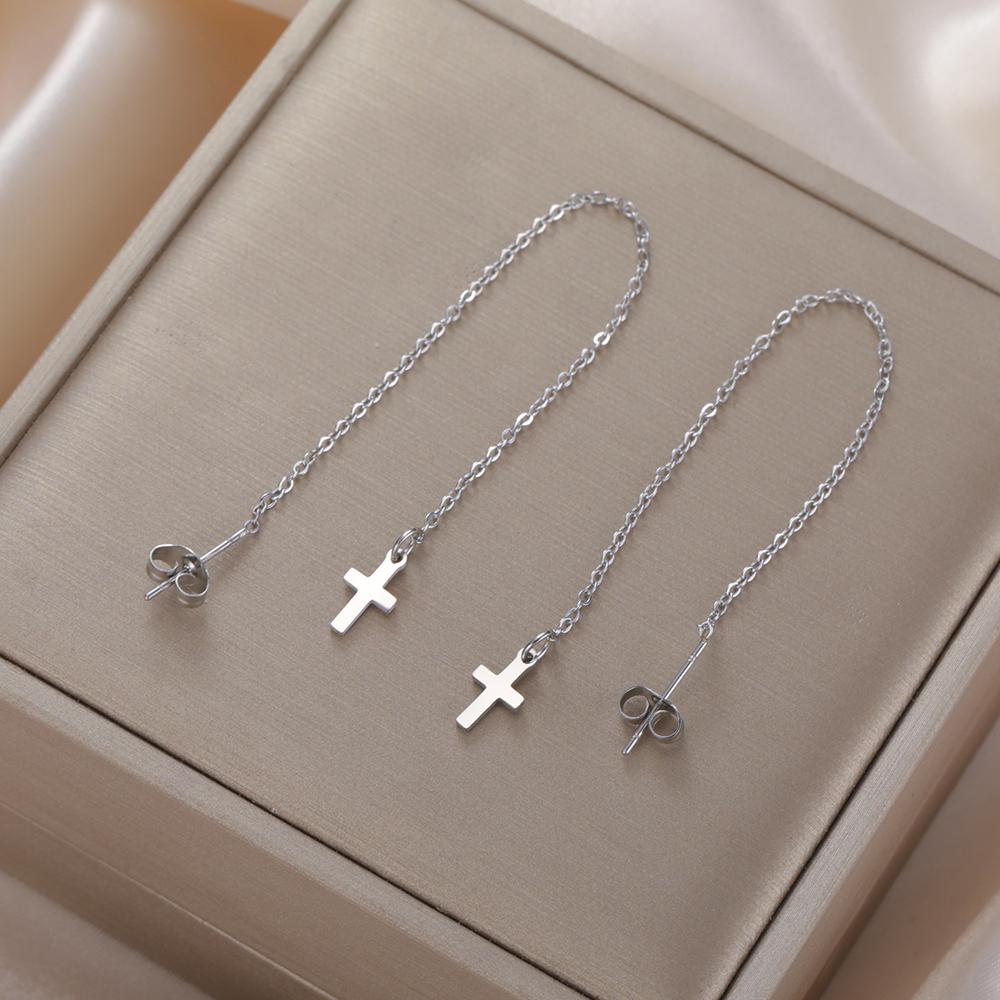 Dawapara Cross Long Earrings for Women Stainless Steel Tassel Earrings Christian Symbol Minimalism Cross Charm Religious Jewelry